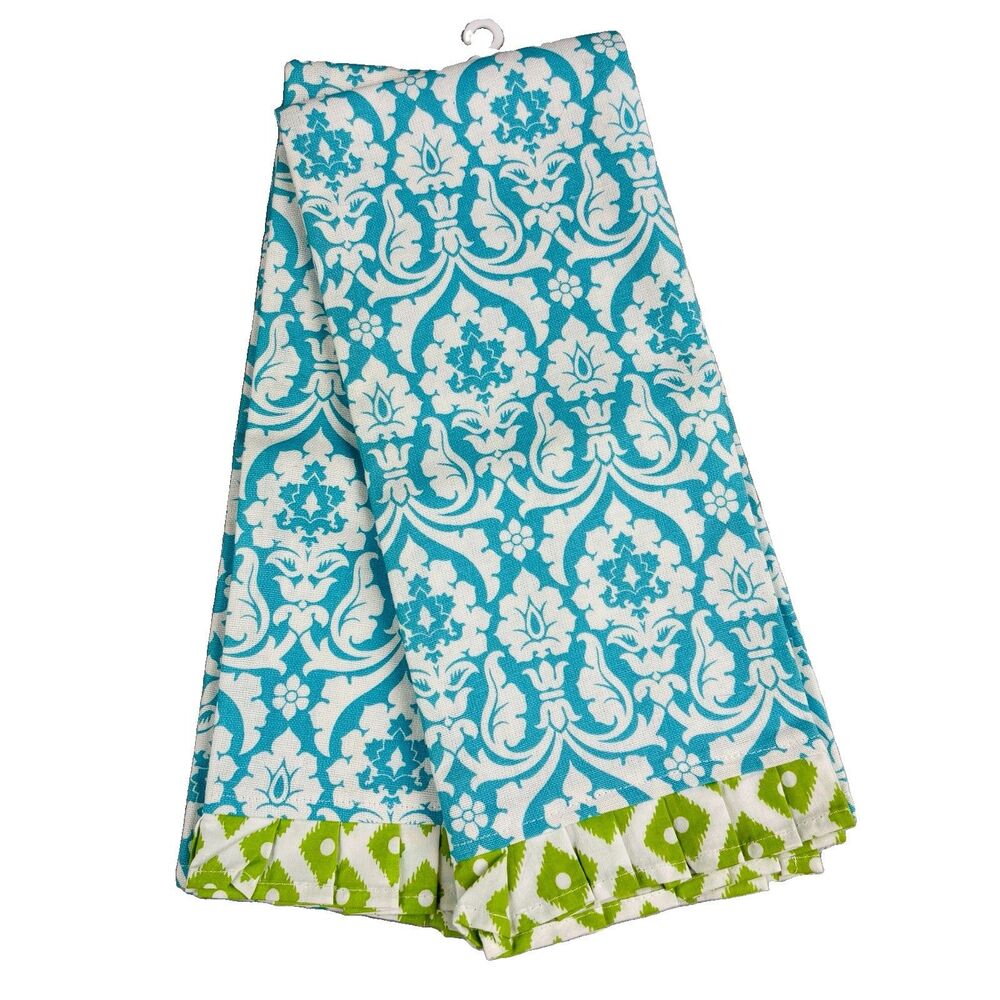 NEW Kay Dee Designs Kitchen Dish Towels Set of 2 Teal Blue Damask Box Pleat Trim